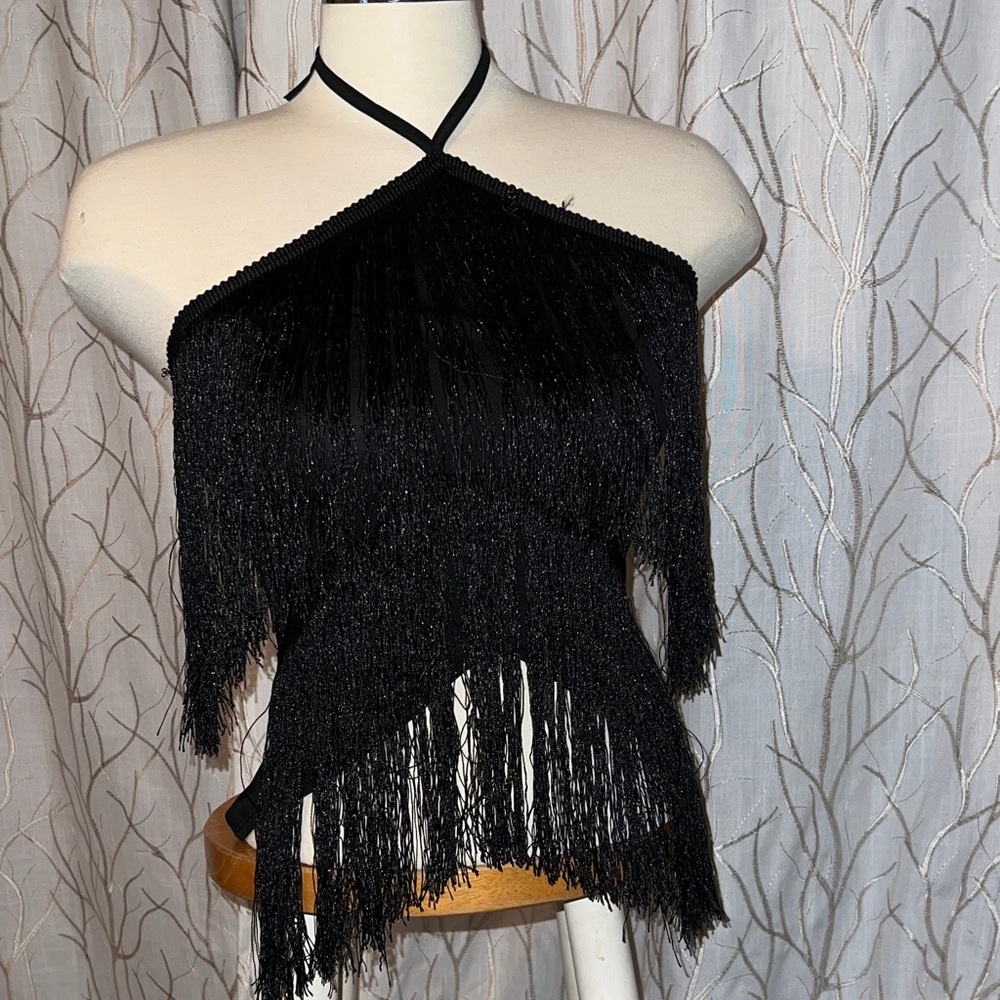 Elegant Black Fringe Crop Top